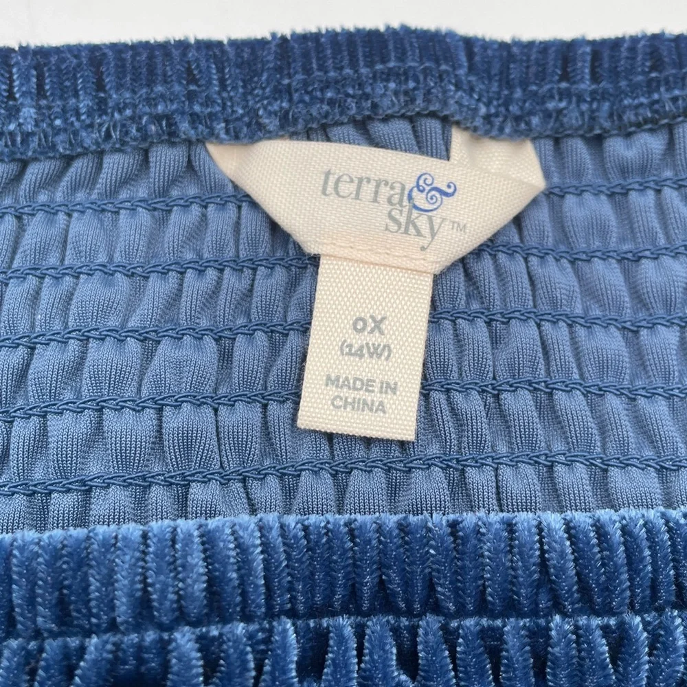 Terra & Sky Elegant Blue Velvet Smocked Square Neckline Top Christmas Plus Size